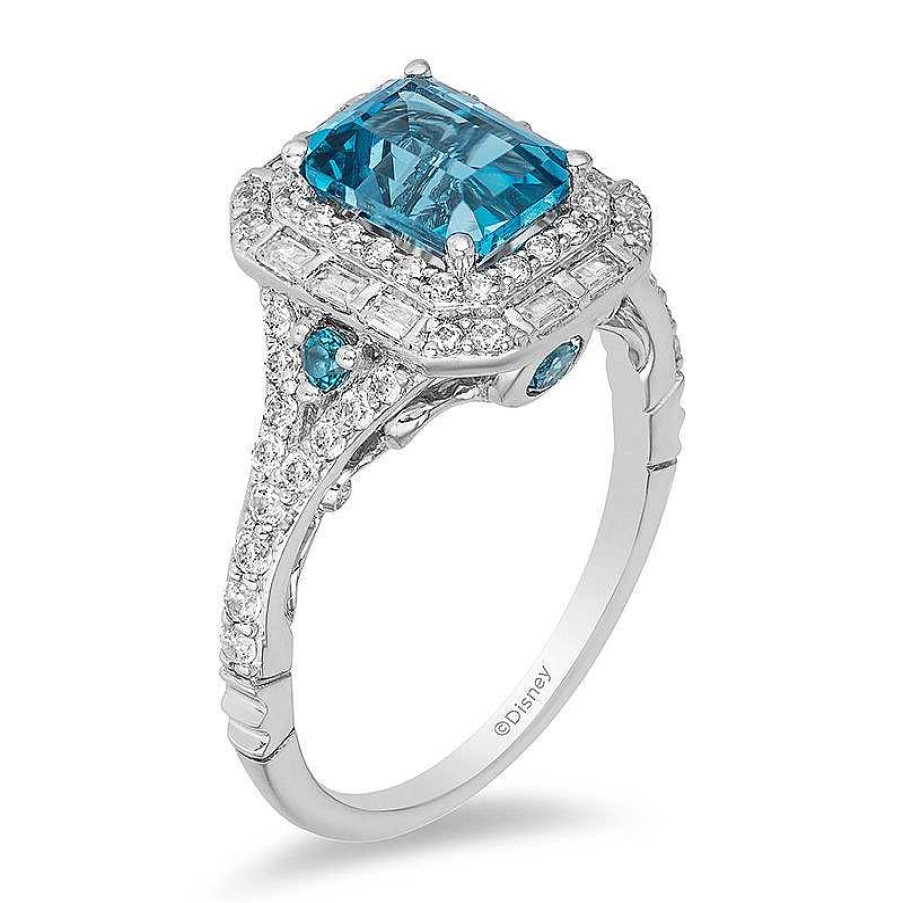 Rings Zales | Enchanted Disney Cinderella London Blue Topaz And 3/4 Ct. T.W. Diamond Double Frame Engagement Ring In 14K White Gold