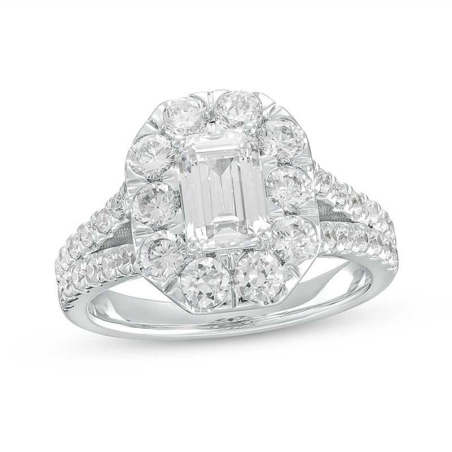 Rings Zales | 2-1/2 Ct. T.W. Certified Emerald-Cut Lab-Created Diamond Frame Split Shank Engagement Ring In 14K White Gold (F/Vs2)