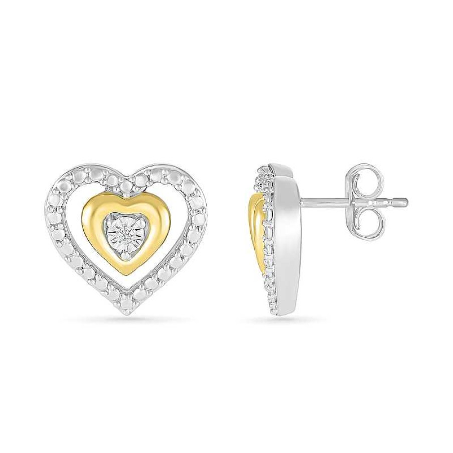 Earrings Zales | Diamond Accent Double Heart Stud Earrings In Sterling Silver And 14K Gold Plate