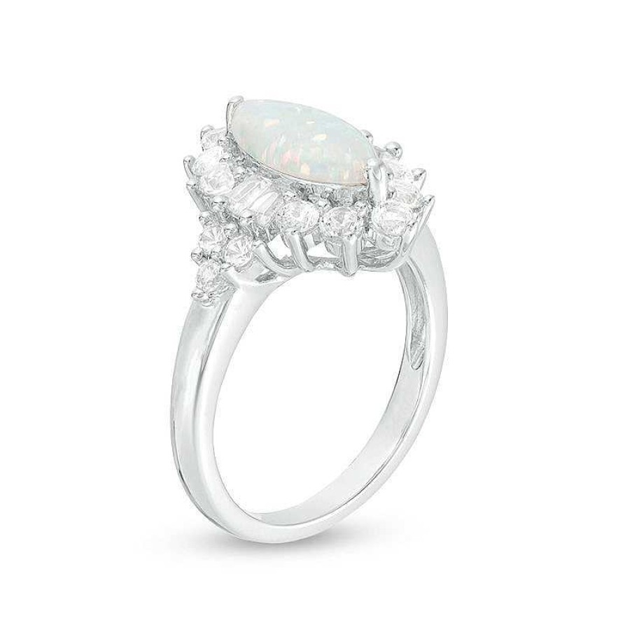 Rings Zales | Marquise Lab-Created Opal And White Sapphire Starburst Frame Ring In Sterling Silver