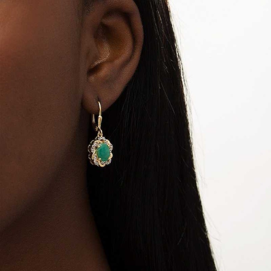 Earrings Zales | Oval Emerald And White Topaz Twist Frame Drop Earrings In Sterling Silver With 14K Gold Plate