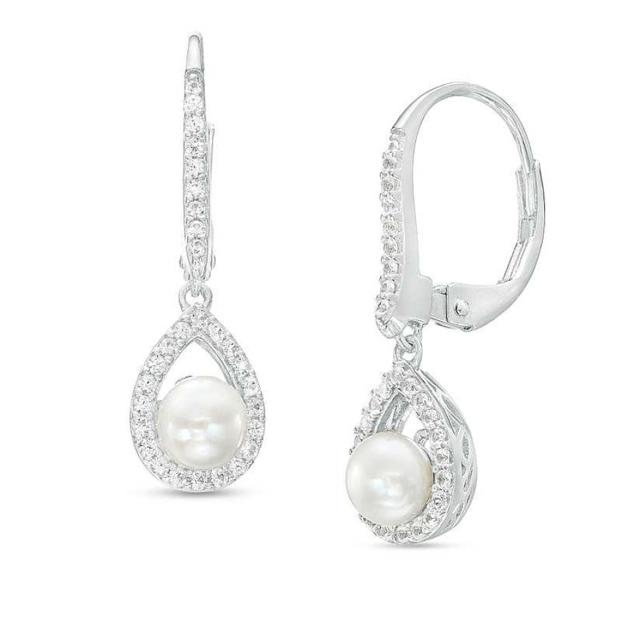 Earrings Zales | 5.0Mm Cultured Freshwater Pearl And White Lab-Created Sapphire Pear-Shaped Frame Drop Earrings In Sterling Silver