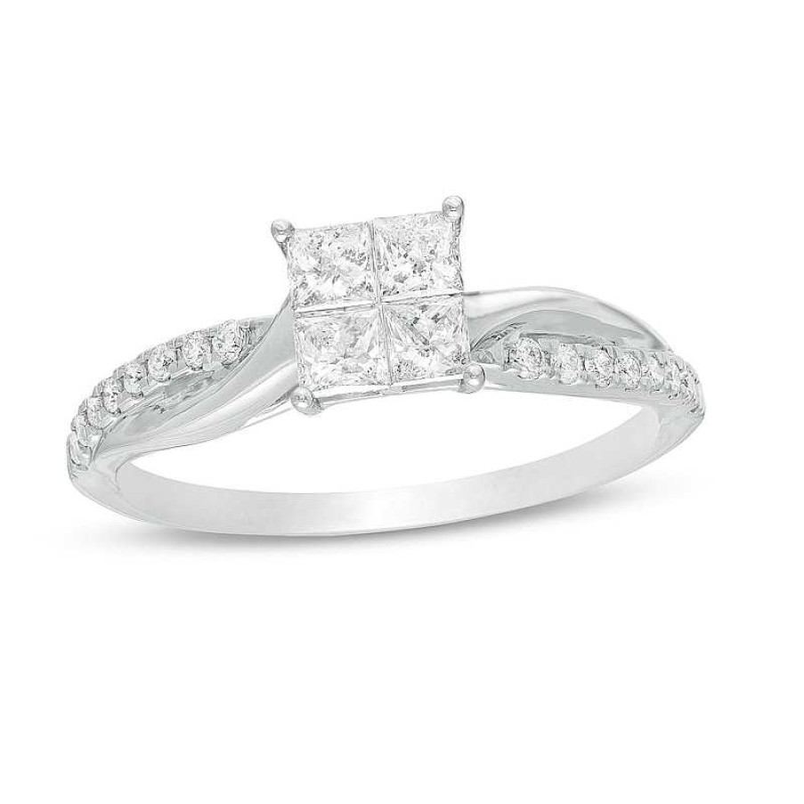 Rings Zales | 1/2 Ct. T.W. Princess-Cut Quad Diamond Twist Shank Engagement Ring In 14K White Gold