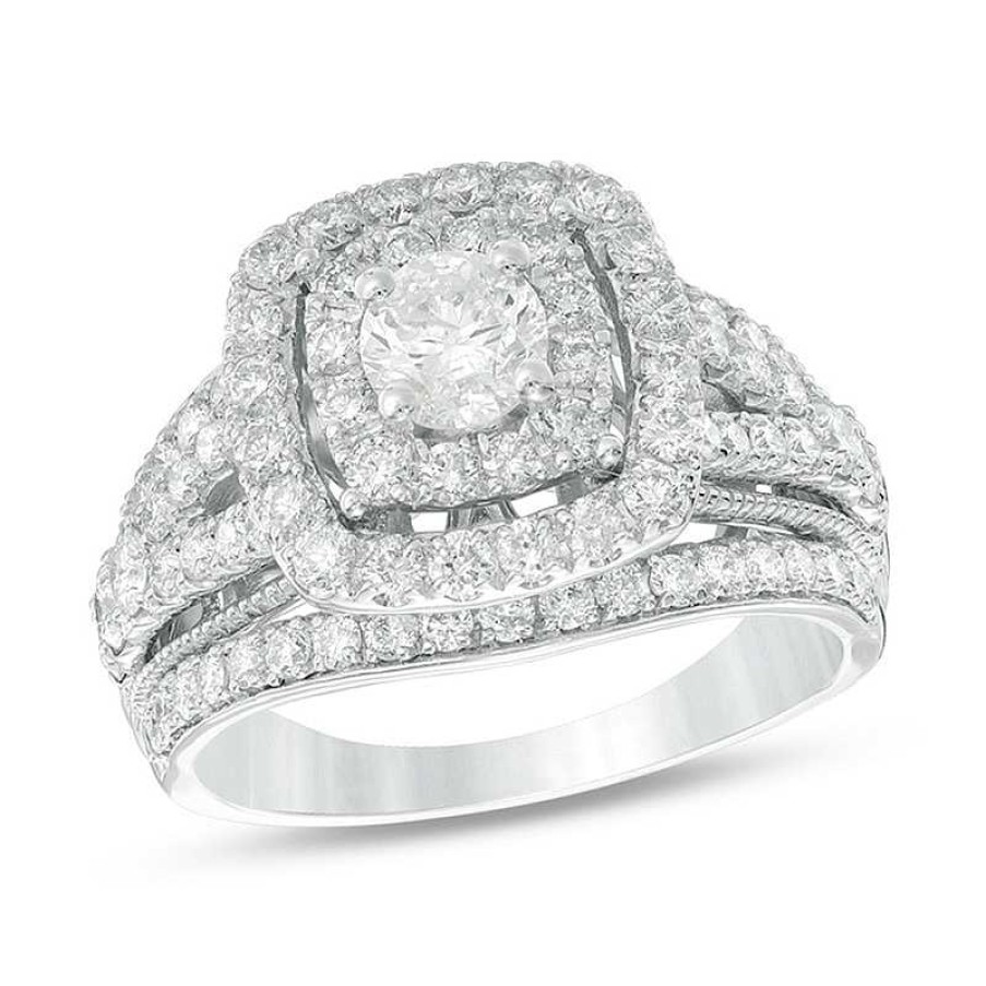 Rings Zales | 2 Ct. T.W. Diamond Double Frame Multi-Row Vintage-Style Engagement Ring In 14K White Gold