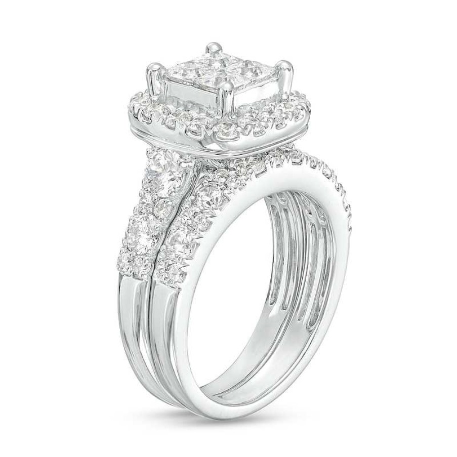 Rings Zales | 3 Ct. T.W. Quad Certified Princess-Cut Lab-Created Diamond Cushion Frame Bridal Set In 14K White Gold (F/Vs2)