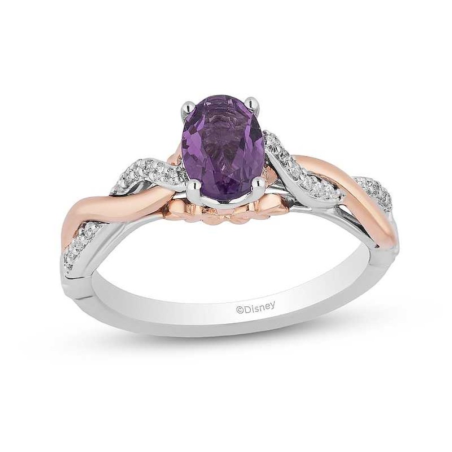 Rings Zales | Enchanted Disney Rapunzel Oval Amethyst And 1/10 Ct. T.W. Diamond Promise Ring In Sterling Silver And 10K Rose Gold