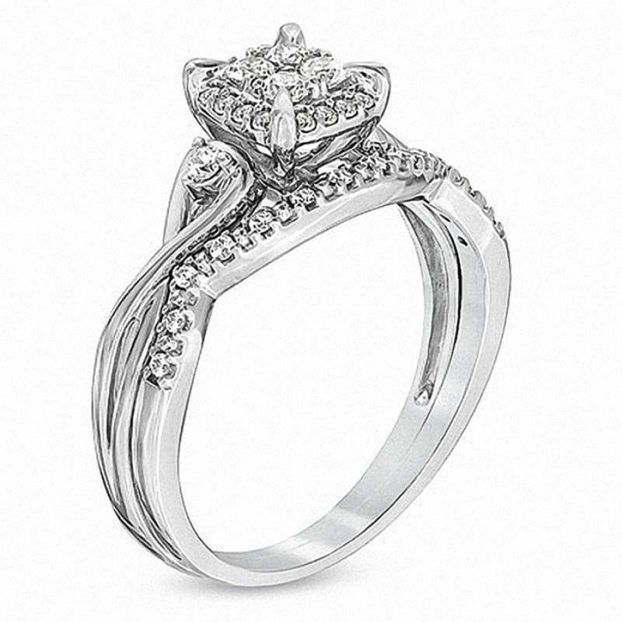 Rings Zales | 1/3 Ct. T.W. Multi-Diamond Twist Shank Bridal Set In 10K White Gold