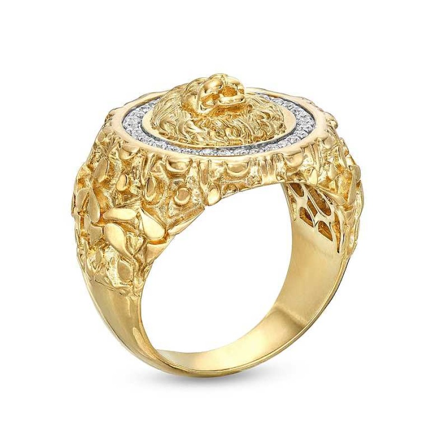 Rings Zales | Men'S 1/4 Ct. T.W. Diamond Lion'S Head Nugget Ring In 10K Gold