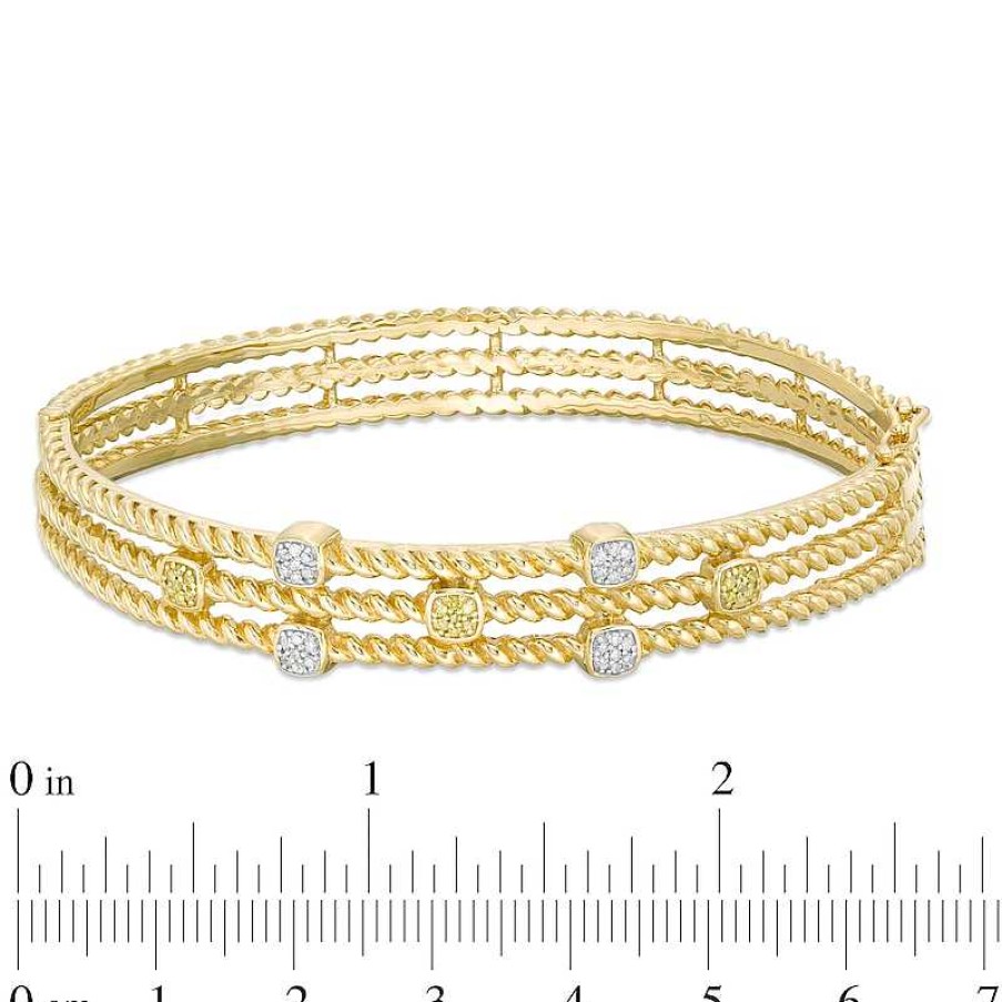 Bracelets Zales | 1/5 Ct. T.W. Enhanced Yellow And White Diamond Station Triple Row Rope Bangle In Sterling Silver With 14K Gold Plate