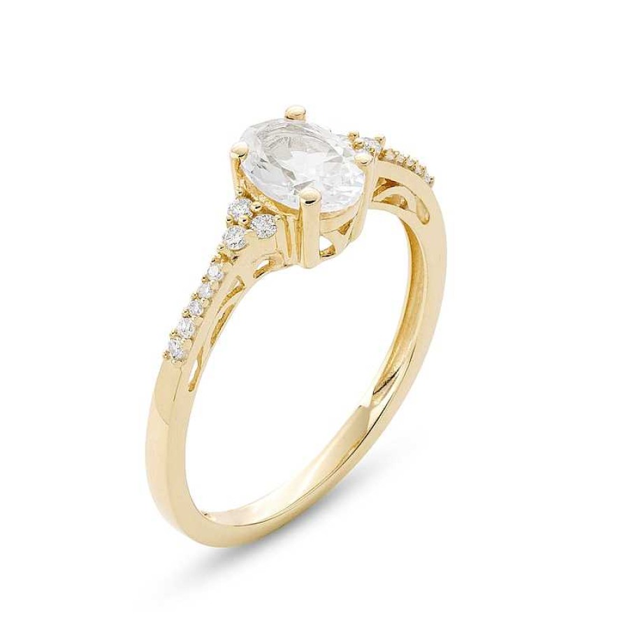 Rings Zales | Oval White Lab-Created Sapphire And 1/10 Ct. T.W. Diamond Ring In 10K Gold