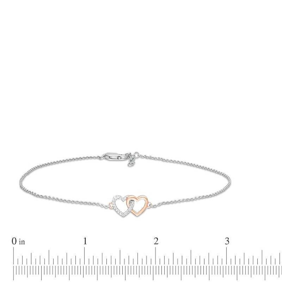 Bracelets Zales | 1/20 Ct. T.W. Diamond Interlocking Hearts Anklet In Sterling Silver And 10K Rose Gold - 10"