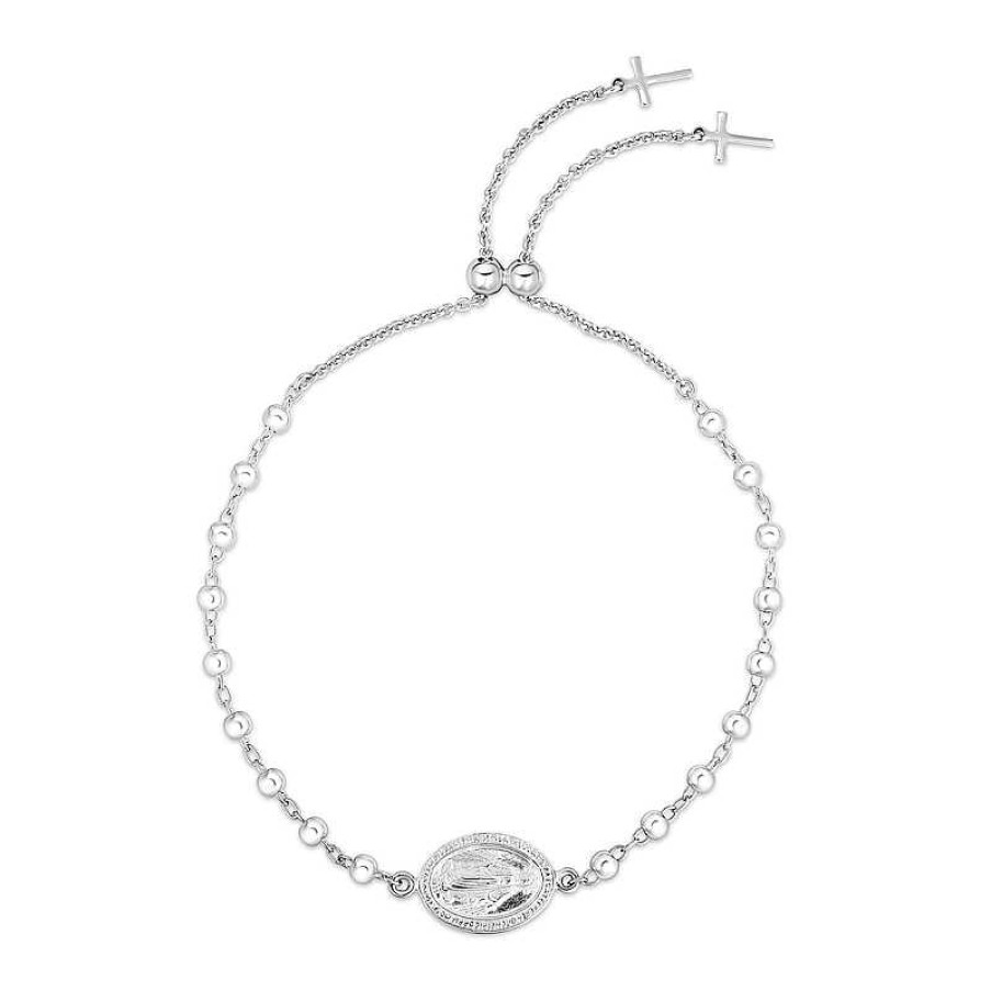 Bracelets Zales | Sideways Virgin Mary Oval Medallion And Double Cross Ends Bead Station Bolo Bracelet In Sterling Silver - 9.25"