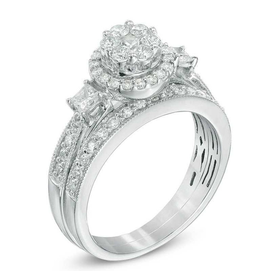 Rings Zales | 1 Ct. T.W. Round And Princess-Cut Diamond Flower Bridal Set In 10K White Gold