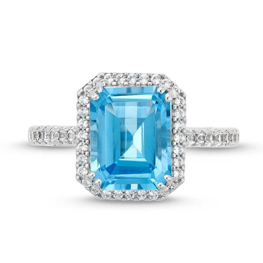 Rings Zales | Emerald-Cut Swiss Blue Topaz And White Lab-Created Sapphire Octagon Frame Ring In Sterling Silver