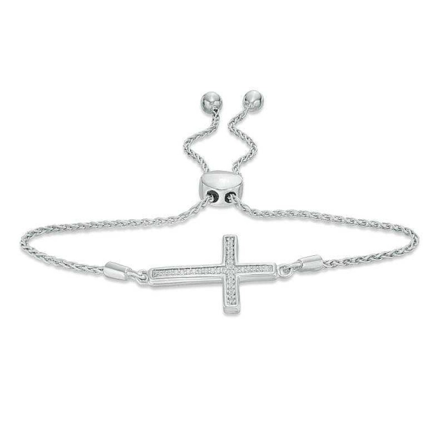 Bracelets Zales | 1/10 Ct. T.W. Diamond Sideways Cross Bolo Bracelet In Sterling Silver (1 Line) - 9.5"