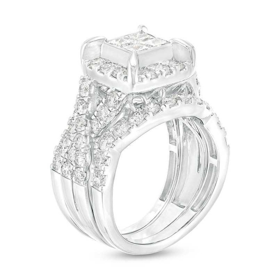 Rings Zales | 3 Ct. T.W. Quad Princess-Cut Diamond Frame Twist Shank Three Piece Bridal Set In 14K White Gold