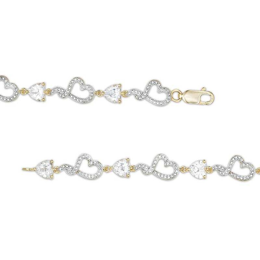 Bracelets Zales | Heart-Shaped White Lab-Created Sapphire And Diamond Accent Beaded Heart Bracelet In Sterling Silver And 10K Gold Plate