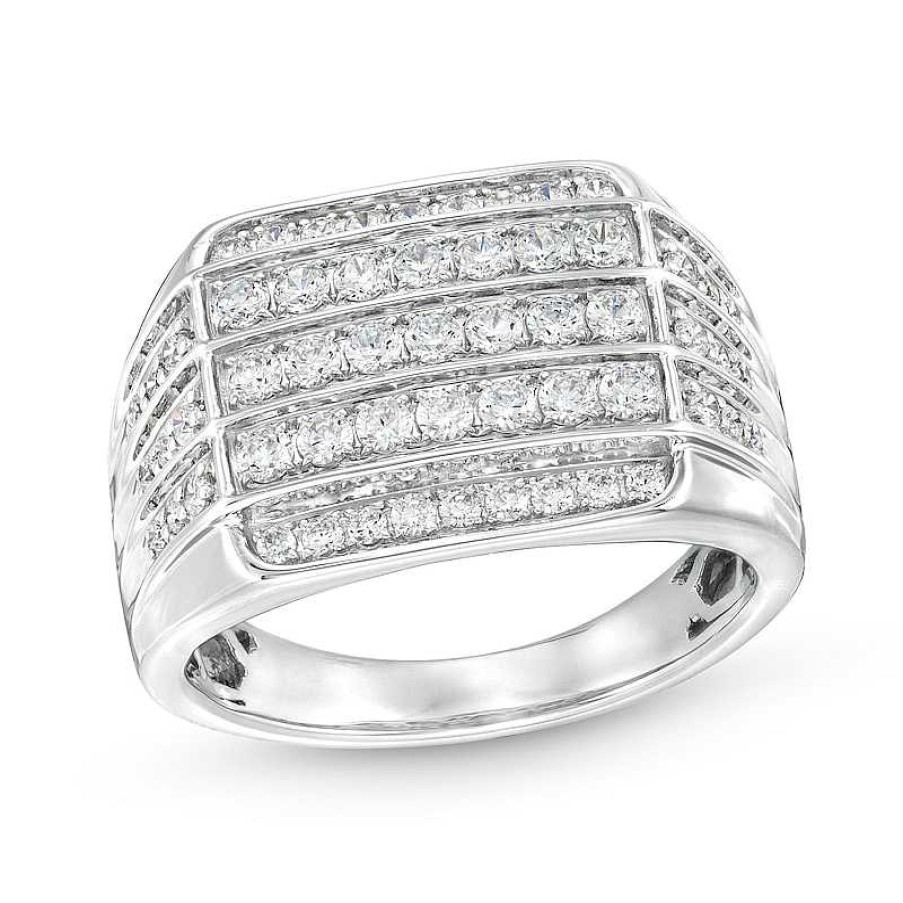 Rings Zales | Men'S 1 Ct. T.W. Certified Lab-Created Diamond Squared Triple Row Ring In 14K White Gold (F/Si2)