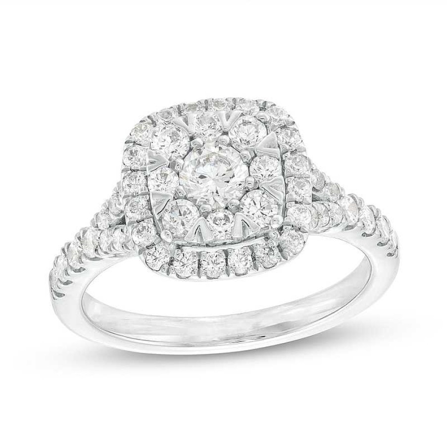 Rings Zales | 1 Ct. T.W. Cushion-Shaped Multi-Diamond Frame Split Shank Engagement Ring In 14K White Gold