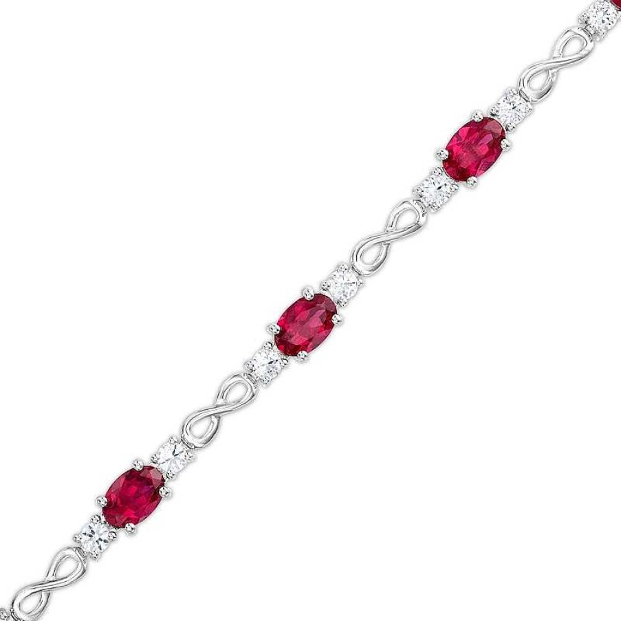 Bracelets Zales | Oval Lab-Created Ruby And White Lab-Created Sapphire Alternating Infinity Line Bracelet In Sterling Silver - 7.25"