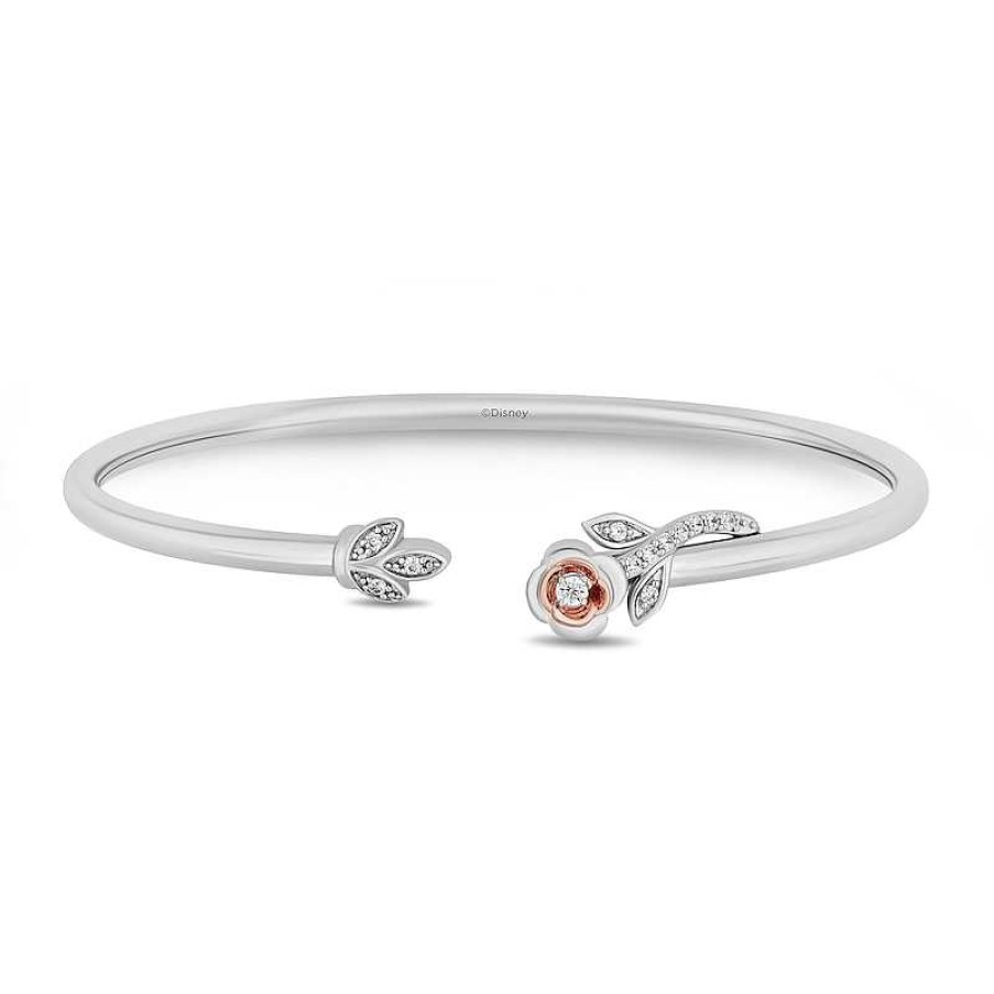 Bracelets Zales | Enchanted Disney Belle 1/6 Ct. T.W. Diamond Rose Leaf Open Bangle In Sterling Silver And 10K Rose Gold