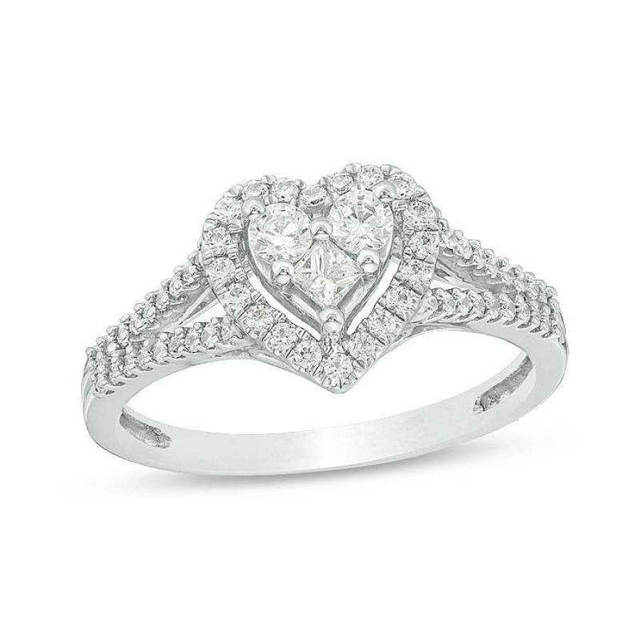 Rings Zales | 1/2 Ct. T.W. Princess-Cut And Round Diamond Heart Frame Ring In 10K White Gold