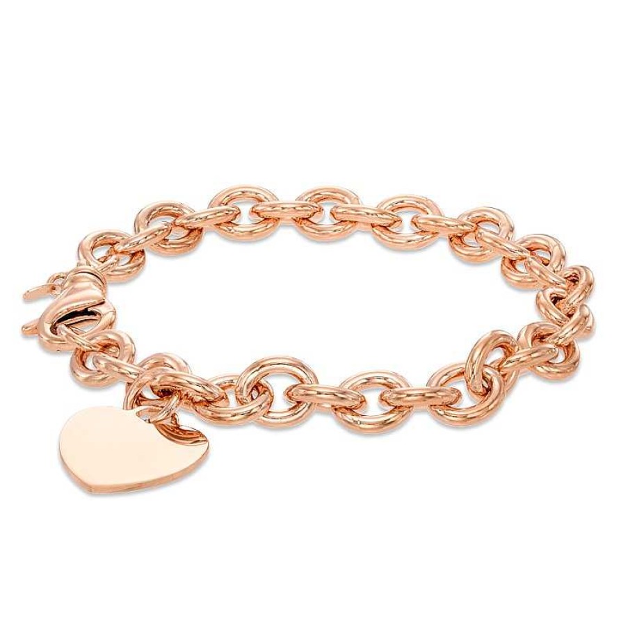 Bracelets Zales | 7.6Mm Chunky Link Chain Bracelet With Heart Charm In Sterling Silver With 14K Rose Gold Plate - 7.5"