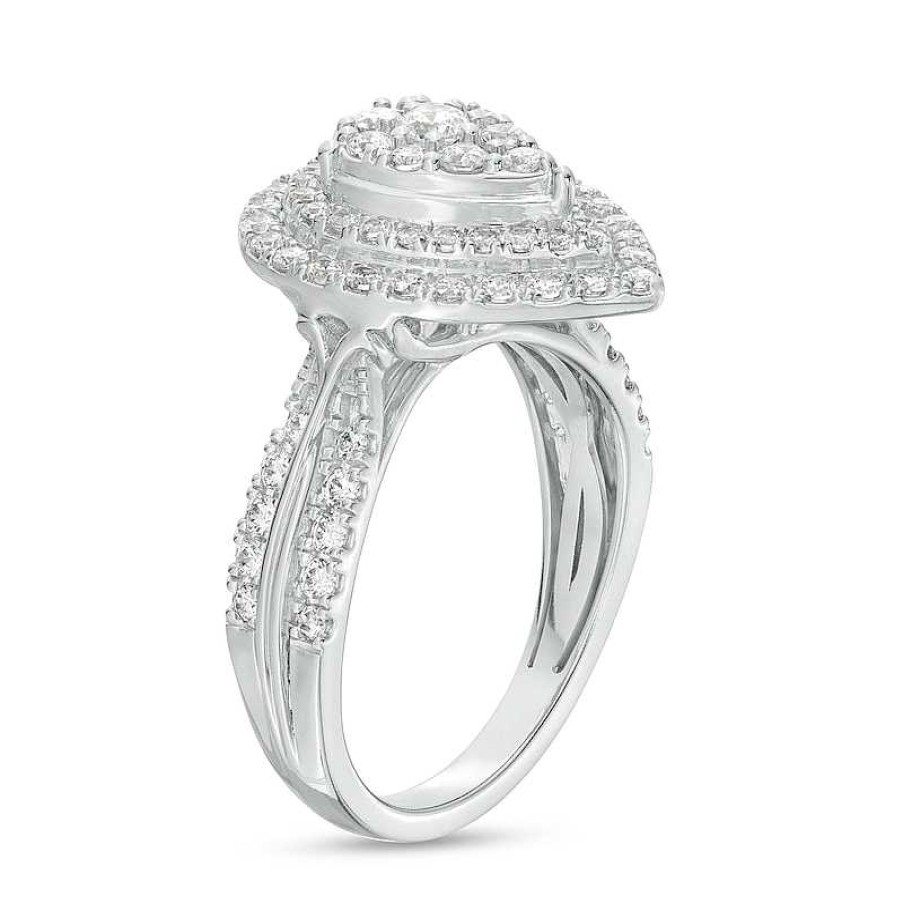 Rings Zales | 1 Ct. T.W. Pear-Shaped Multi-Diamond Double Frame Double Row Engagement Ring In 10K White Gold