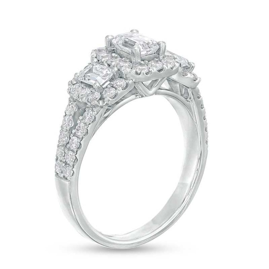 Rings Zales | 2 Ct. T.W. Certified Emerald-Cut Diamond Past Present Future® Split Shank Engagement Ring In 14K White Gold (I/Si2)