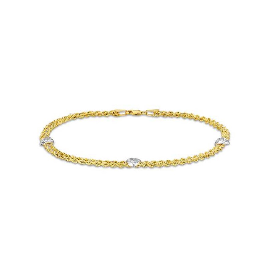 Bracelets Zales | 10K Two-Tone Gold Diamond-Cut Double Rope Heart Anklet - 9.5"