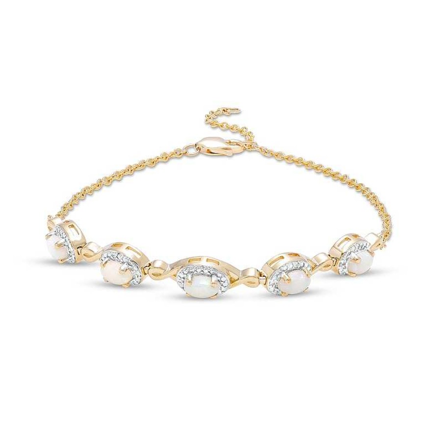 Bracelets Zales | Oval Opal And Diamond Accent Twist Five Stone Bracelet In 10K Gold – 8.0"