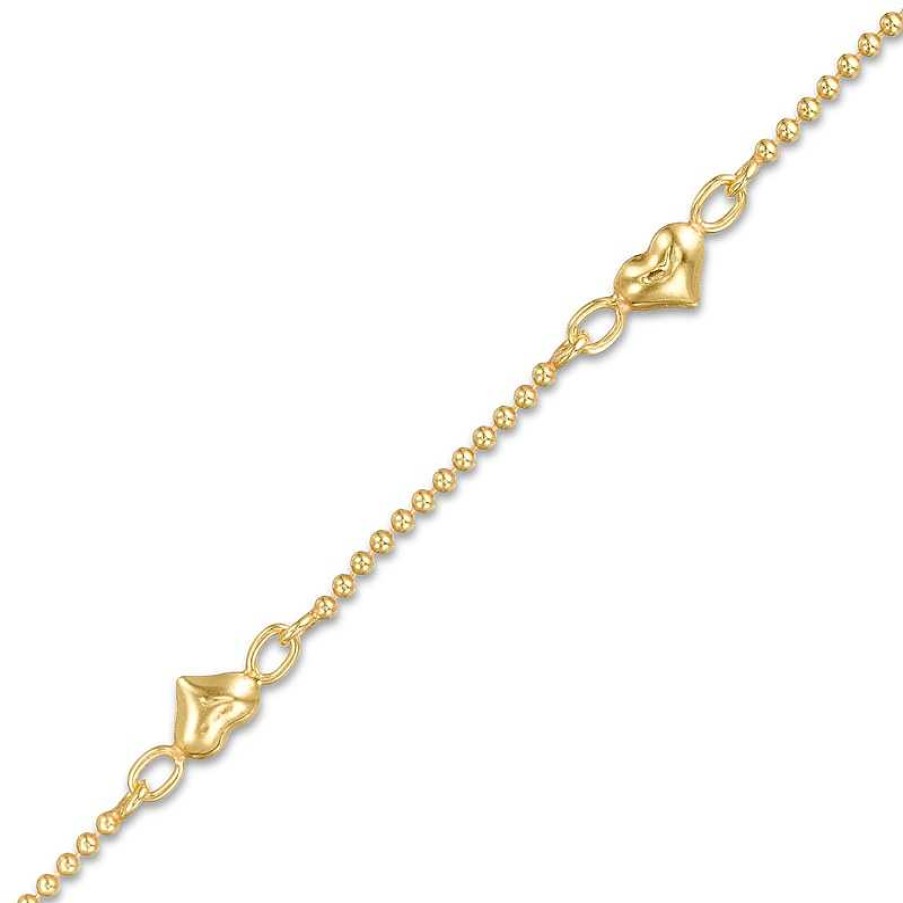 Bracelets Zales | Puffed Heart Station Anklet In Sterling Silver With 18K Gold Plate - 9"