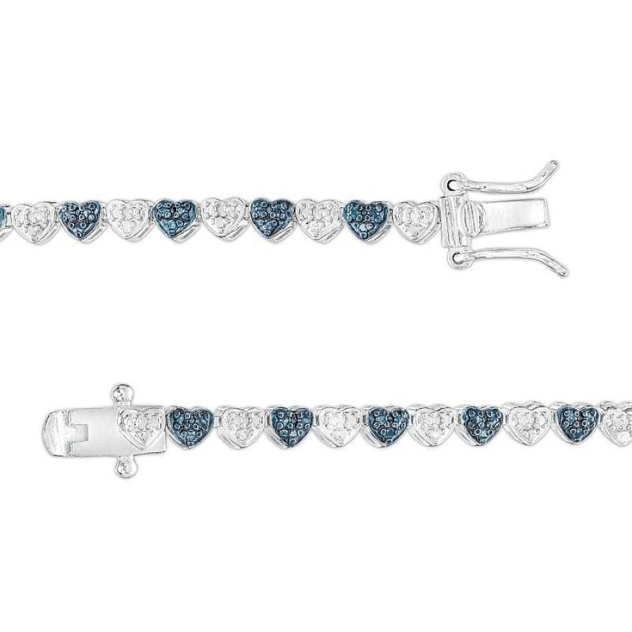 Bracelets Zales | 1/10 Ct. T.W. Blue And White Diamond Beaded Alternating Hearts Line Bracelet In Sterling Silver And Blue Resin - 7.25"