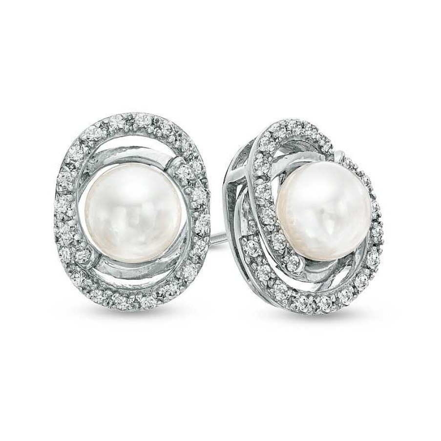 Earrings Zales | 5.5 - 6.0Mm Cultured Freshwater Pearl And Lab-Created White Sapphire Loop Earrings In Sterling Silver