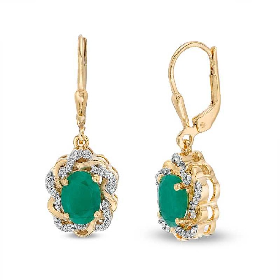 Earrings Zales | Oval Emerald And White Topaz Twist Frame Drop Earrings In Sterling Silver With 14K Gold Plate