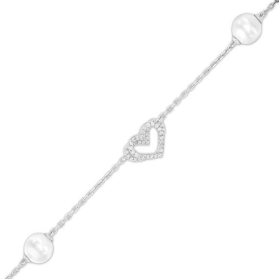 Bracelets Zales | The Kindred Heart From Vera Wang Love Collection Cultured Freshwater Pearl And Diamond Heart Bracelet In Sterling Silver