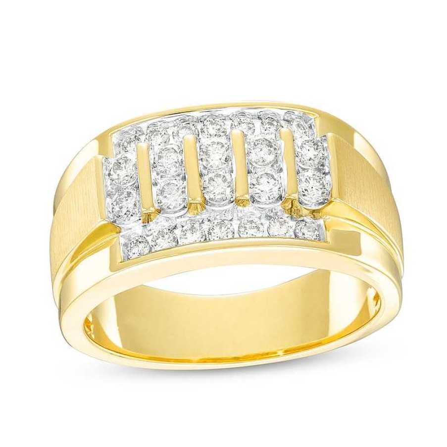 Rings Zales | Men'S 3/4 Ct. T.W. Diamond Four Row Satin Stepped Edge Ring In 10K Gold