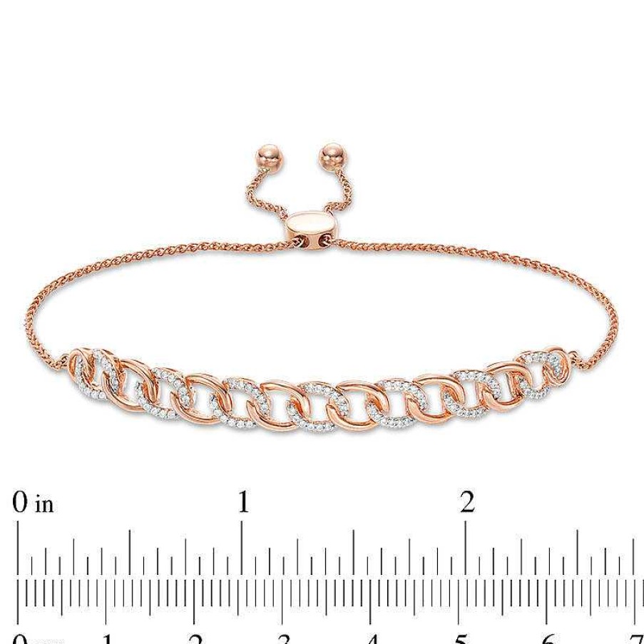 Bracelets Zales | 1/4 Ct. T.W. Diamond Interlocking Curb Link Bolo Bracelet In 10K Rose Gold - 9.5"