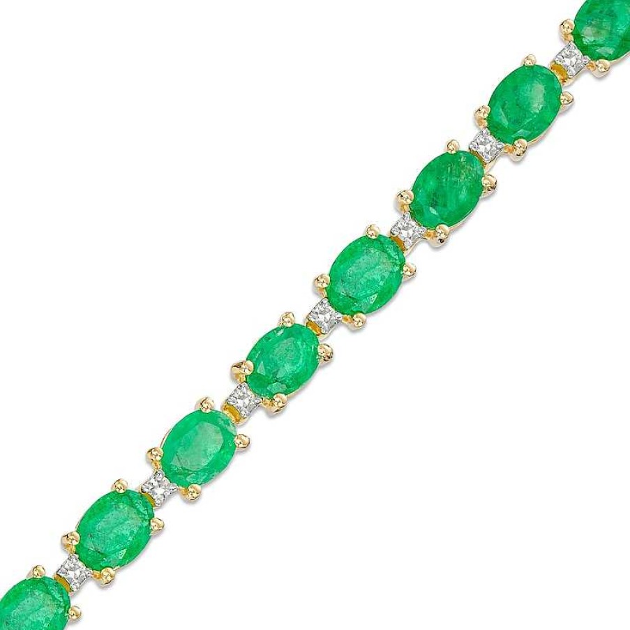 Bracelets Zales | Oval Emerald And 1/6 Ct. T.W. Diamond Alternating Line Bracelet In 10K Gold