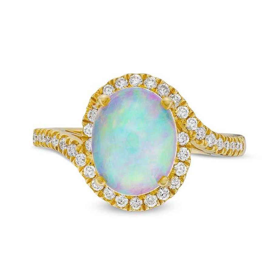 Rings Zales | Oval Opal And 1/3 Ct. T.W. Diamond Swirl Bypass Frame Ring In 10K Gold