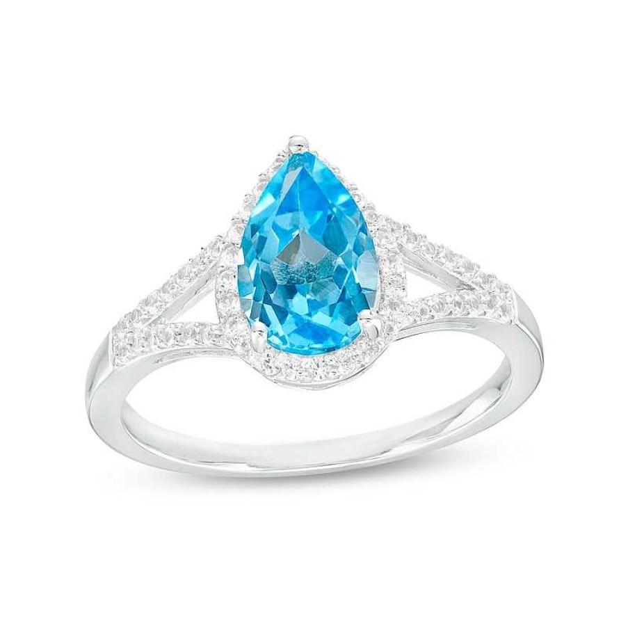 Rings Zales | Pear-Shaped Swiss Blue Topaz And White Lab-Created Sapphire Frame Split Shank Ring In Sterling Silver