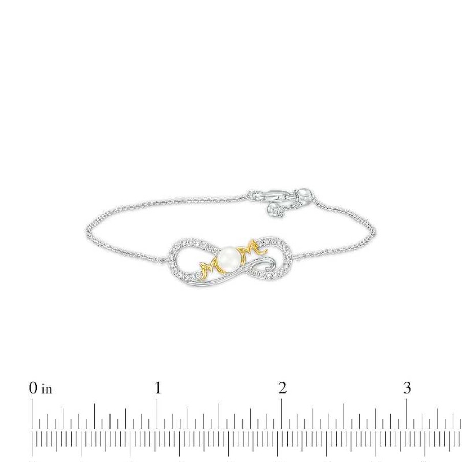 Bracelets Zales | Cultured Freshwater Pearl And White Lab-Created Sapphire "Mom" Bracelet In Sterling Silver With 10K Gold Plate – 7.5"