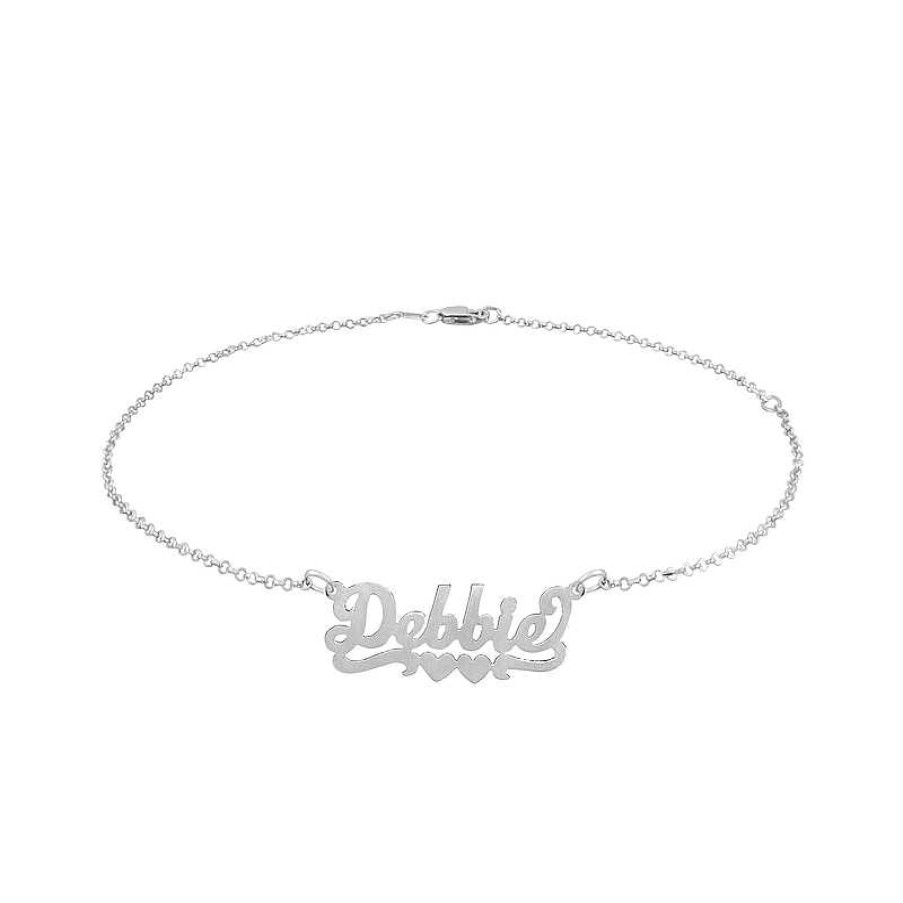 Bracelets Zales | Script Name With Double Heart Ribbon Accent Anklet In Sterling Silver (1 Line) - 10"