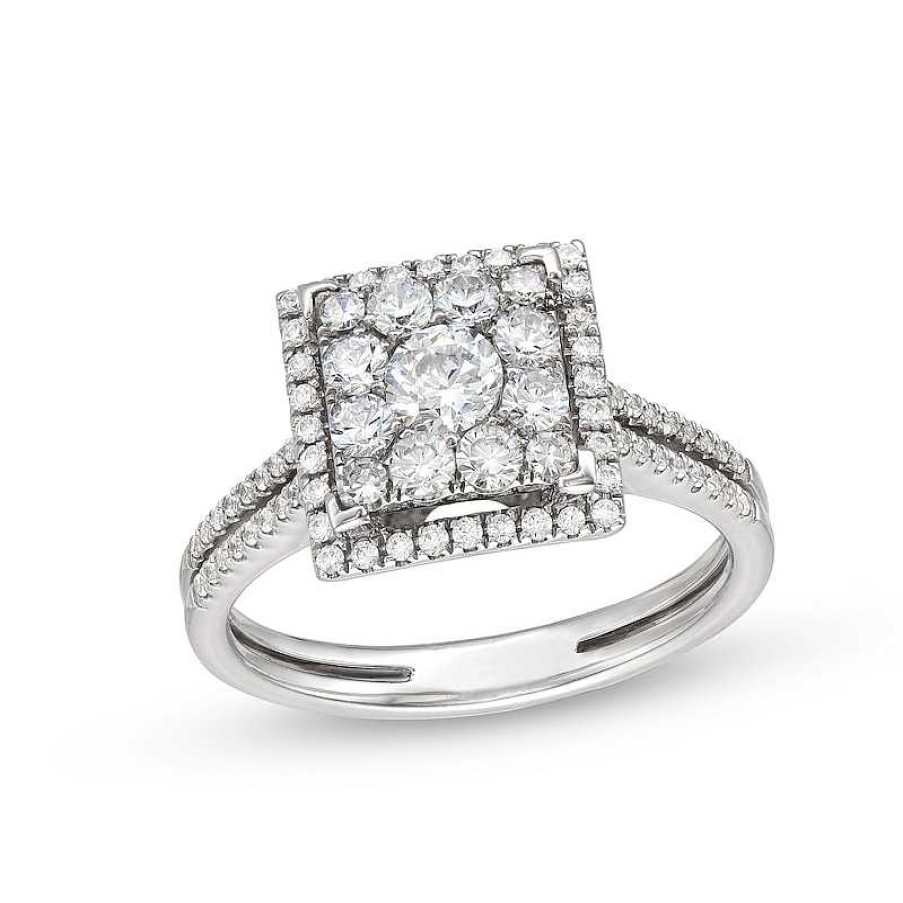 Rings Zales | 7/8 Ct. T.W. Princess Multi-Diamond Square Frame Split Shank Engagement Ring In 14K White Gold