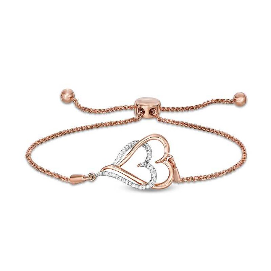 Bracelets Zales | 1/10 Ct. T.W. Diamond Interlocking Double Elongated Heart Bolo Bracelet In Sterling Silver With 14K Rose Gold Plate