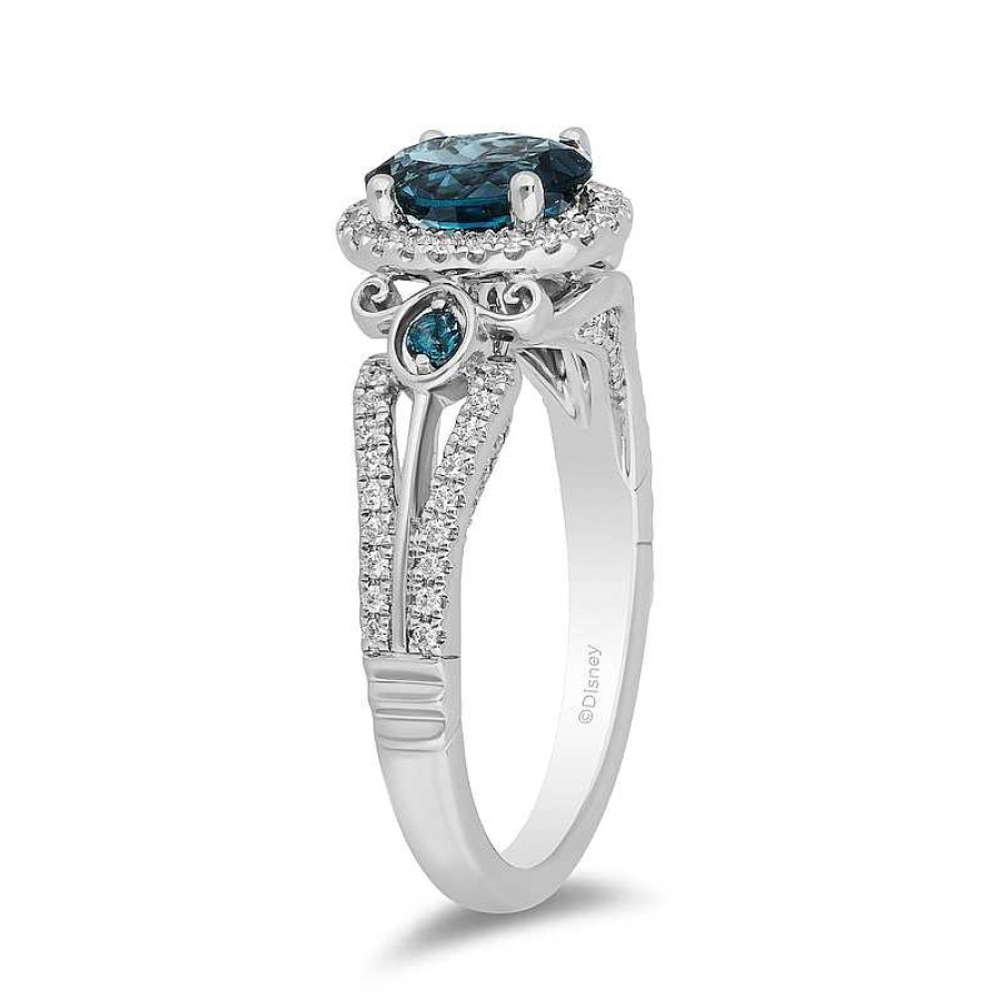 Rings Zales | Enchanted Disney Cinderella Oval London Blue Topaz And 1/3 Ct. T.W. Diamond Frame Engagement Ring In 14K White Gold