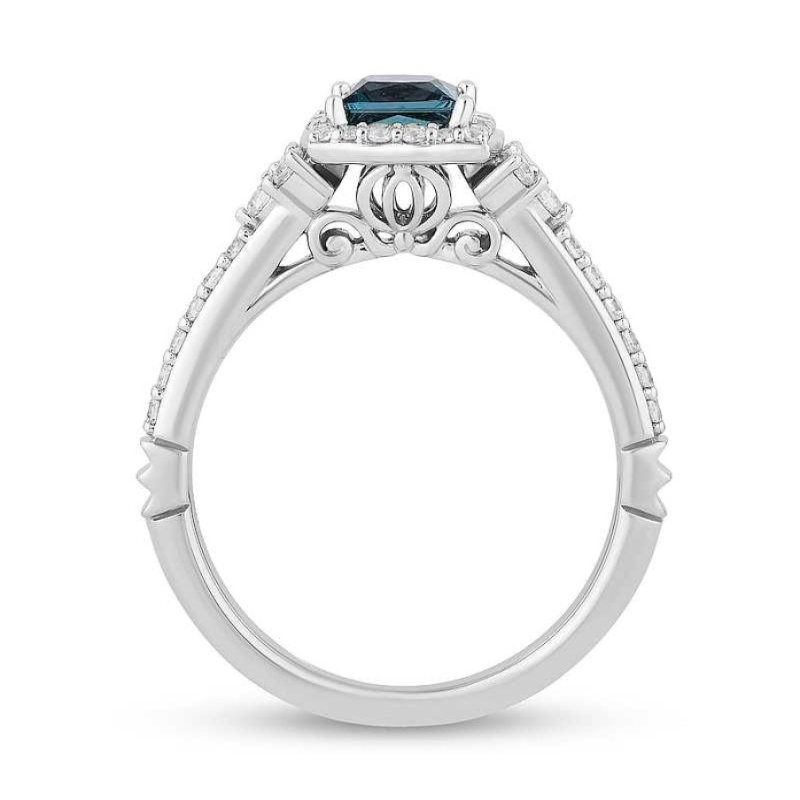 Rings Zales | Enchanted Disney Cinderella Princess-Cut London Blue Topaz And 3/8 Ct. T.W. Diamond Engagement Ring In 14K White Gold