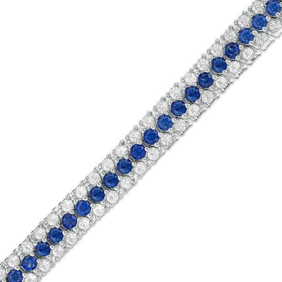 Bracelets Zales | Lab-Created Blue And White Sapphire Triple Row Bracelet In Sterling Silver - 7.25"