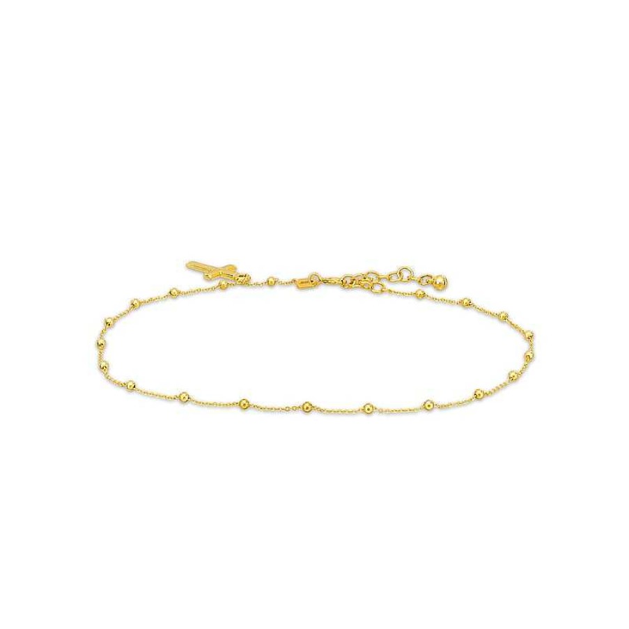 Bracelets Zales | Bead Station With Cross Dangle Charm Anklet In 10K Gold - 10"