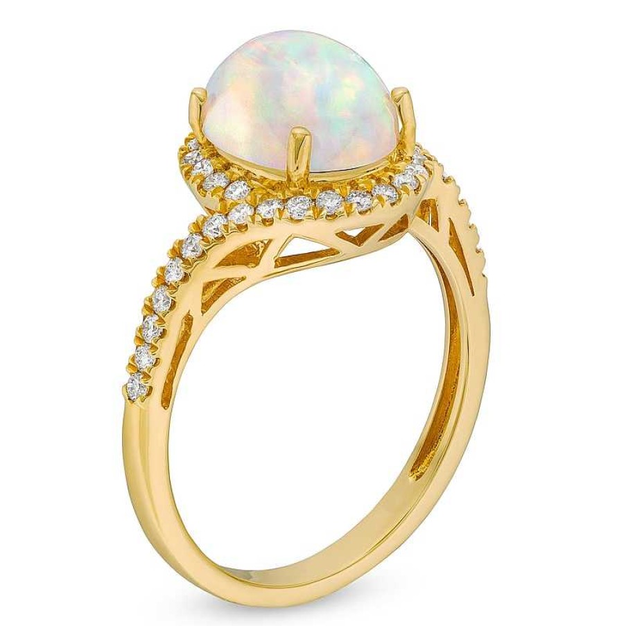 Rings Zales | Oval Opal And 1/3 Ct. T.W. Diamond Swirl Bypass Frame Ring In 10K Gold